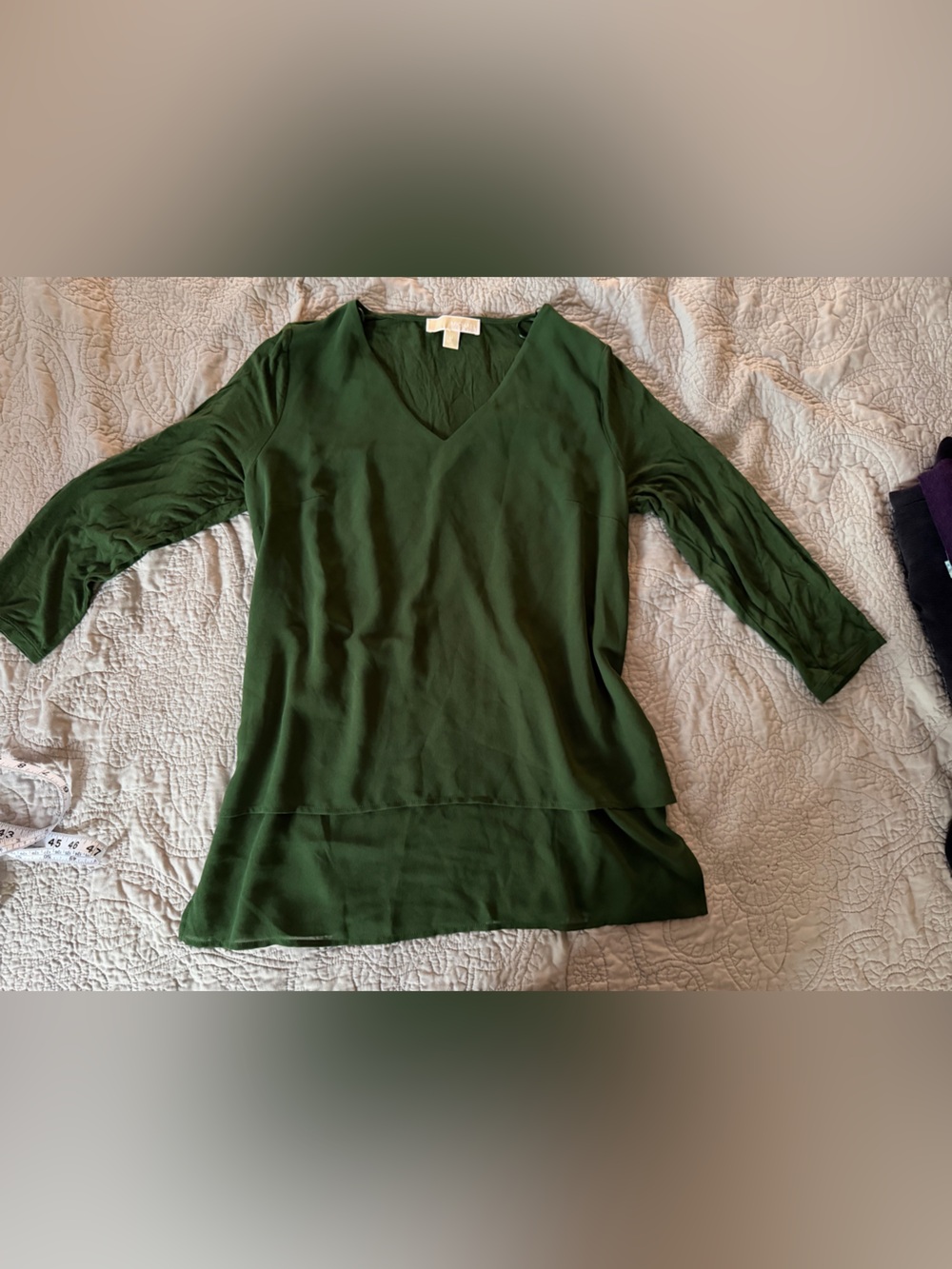 Michael Kors  V-Neck Layered Hem Top in Forest Green